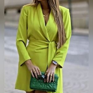 NWT Zara Pareo Wrap Elegant Blazer Dress Lime Green